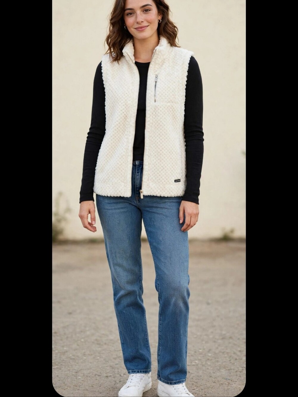 Calvin Klein Cream Sherpa Zip Vest with Zip Pocket